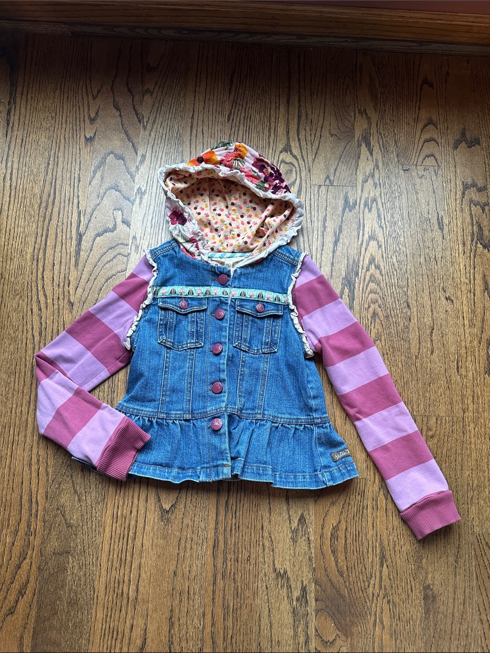 Matilda Jane Blue Denim Jacket with Pink Striped Sleeves and Floral Hood